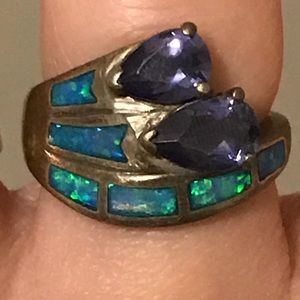 Caribbean opal, amethyst and sterling silver ring.